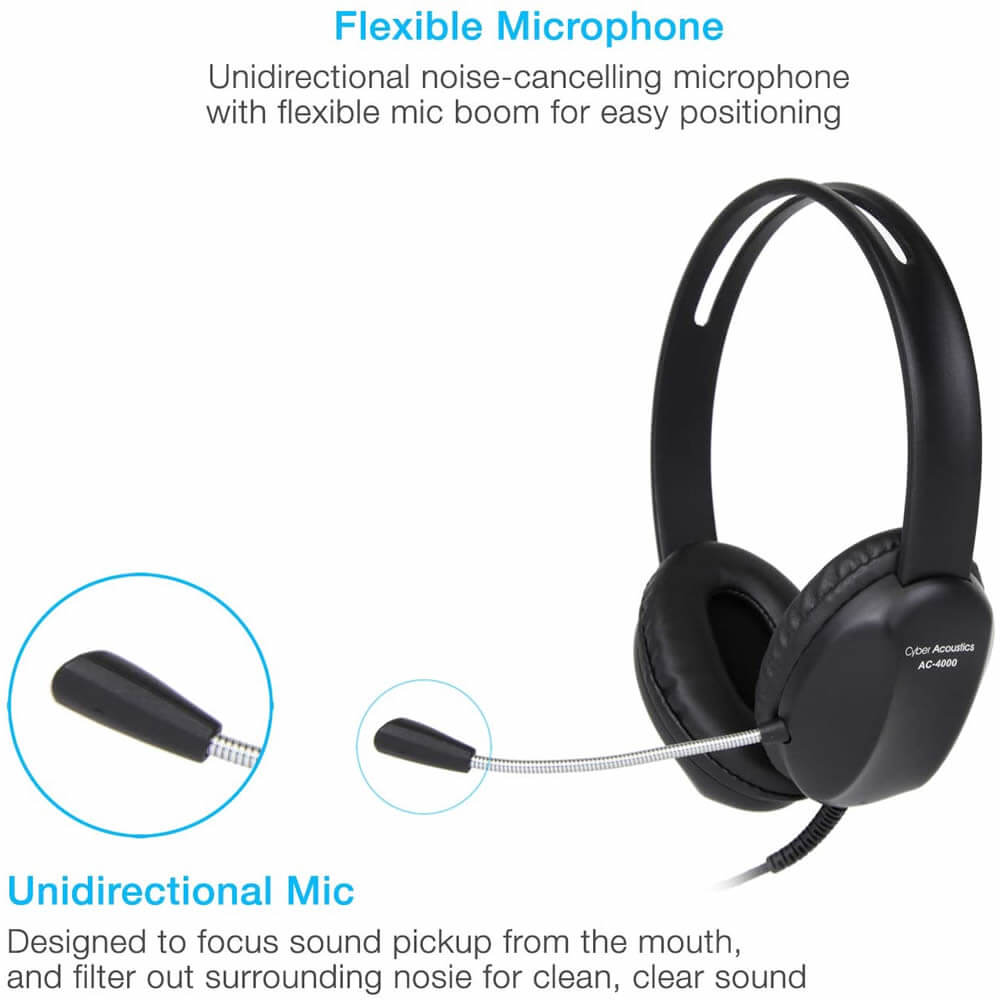 Cyber Acoustics AC-4000 Classroom Learning Headphones and Noise Cancelling Microphone 20-Pack